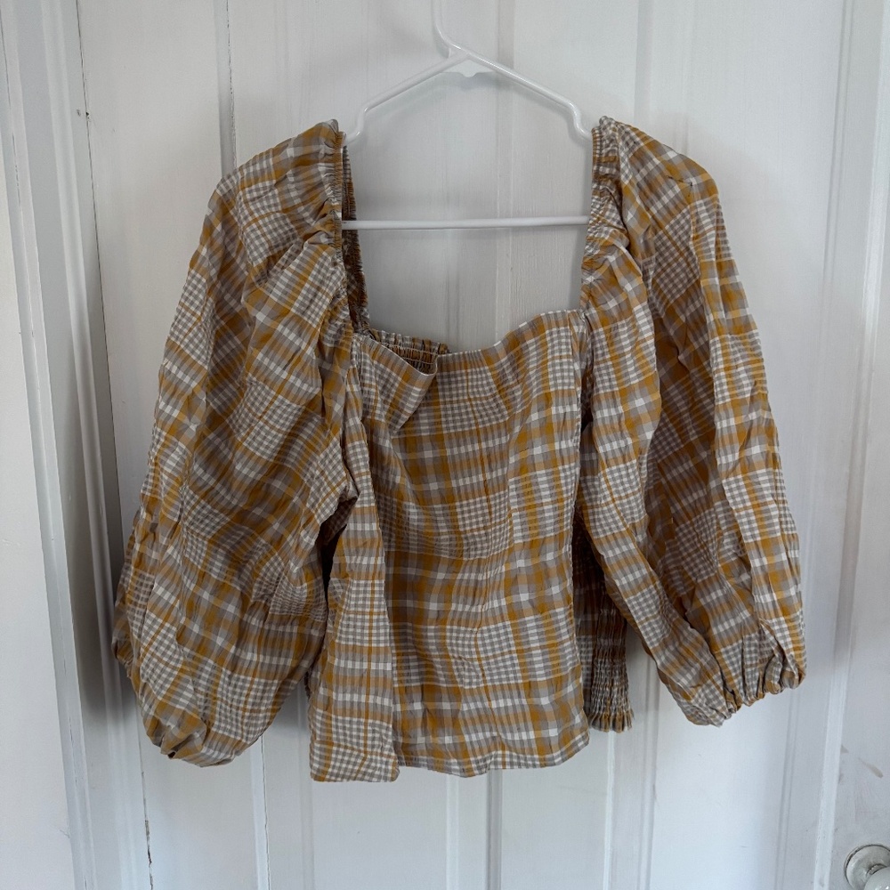 Plaid balloon off shoulder/square neck shirt